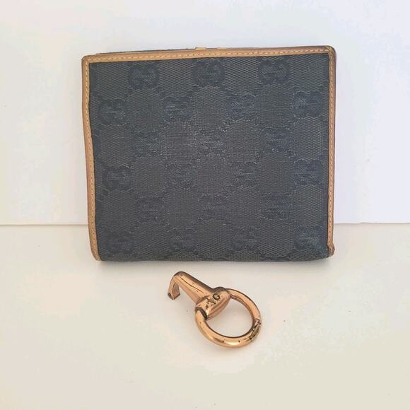 GUCCI Logo Canvas Leather Card Wallet Medium Monogram Bifold Black Unisex Fair - Picture 1 of 12